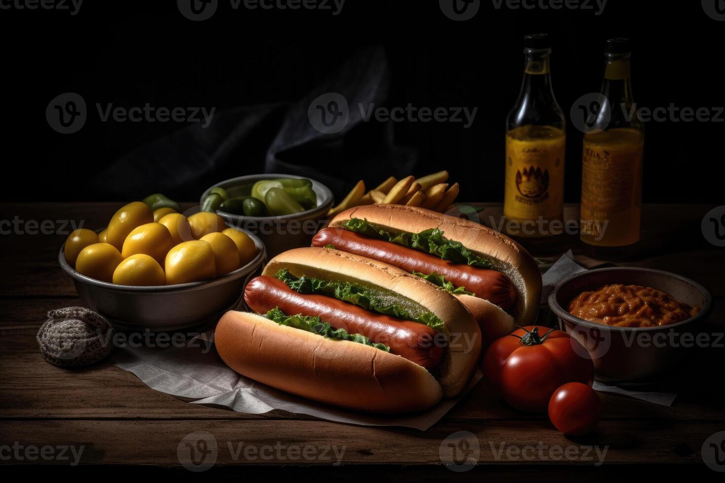 een dienblad met hotdogs Aan een houten oppervlak. generatief ai foto