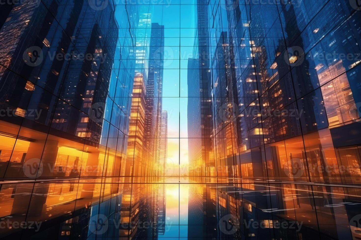 kantoor gebouwen in financieel wijk met nacht lichten en lucht weerspiegeld Aan modern glas muren van wolkenkrabbers. generatief ai foto