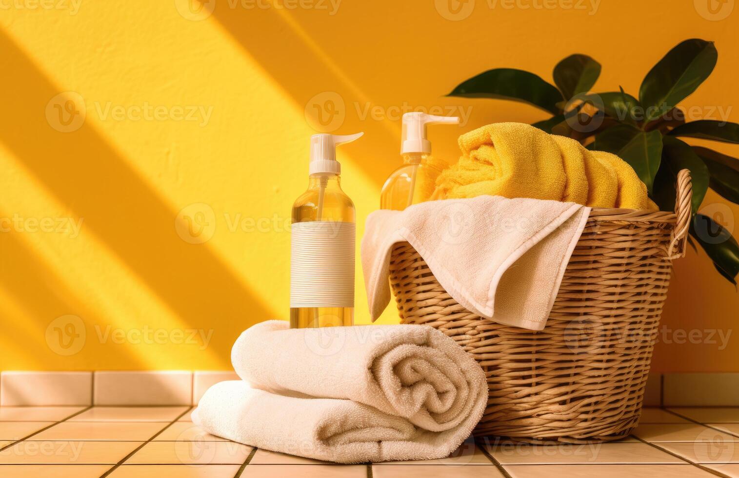 handdoeken, shampoo en zeep in een mand tegen geel muur. generatief ai foto