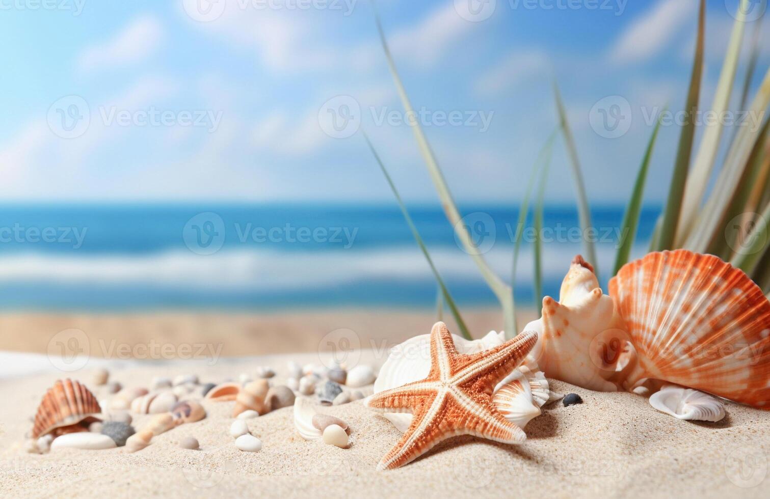 ai generatief. schelpen en zeester Aan zanderig strand foto