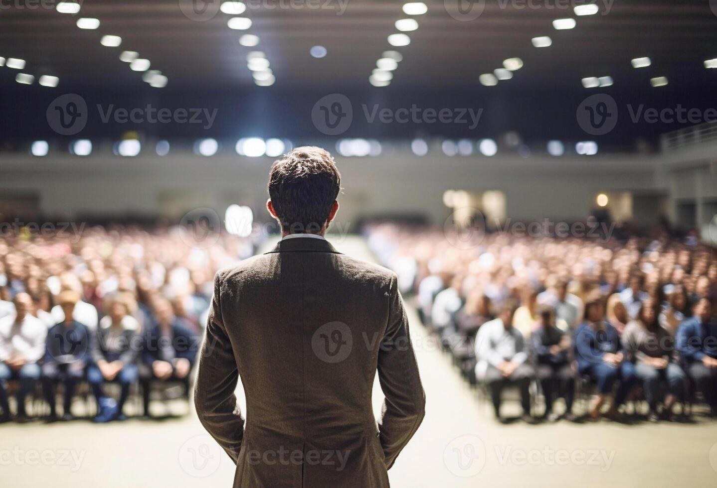 ai generatief. terug visie van spreker Bij bedrijf conferentie en presentatie foto