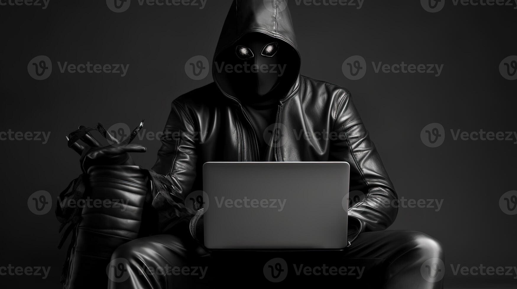 portret van slachtoffer Mens vervelend zwart masker met zwart leer jasje en werken Aan laptop en in de buurt een tas. generatief ai. foto