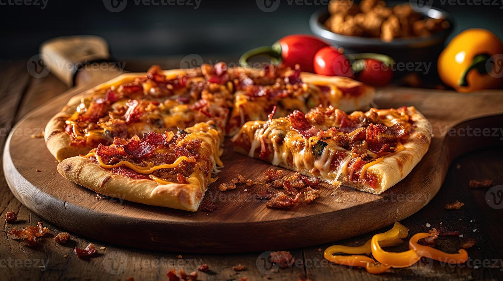 pittig spek kaas pizza Aan houten snijder bord voor snel voedsel concept. generatief ai. foto