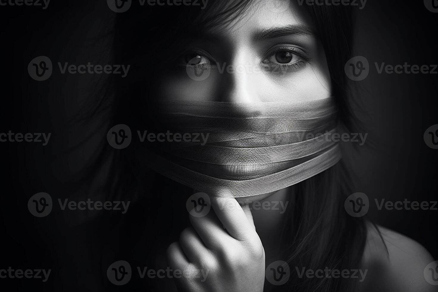 vrijheid van toespraak, etherisch eeuwig gedwongen gedempt, een jong meisjes mond gekruiste met kleverig plakband. generatief ai foto