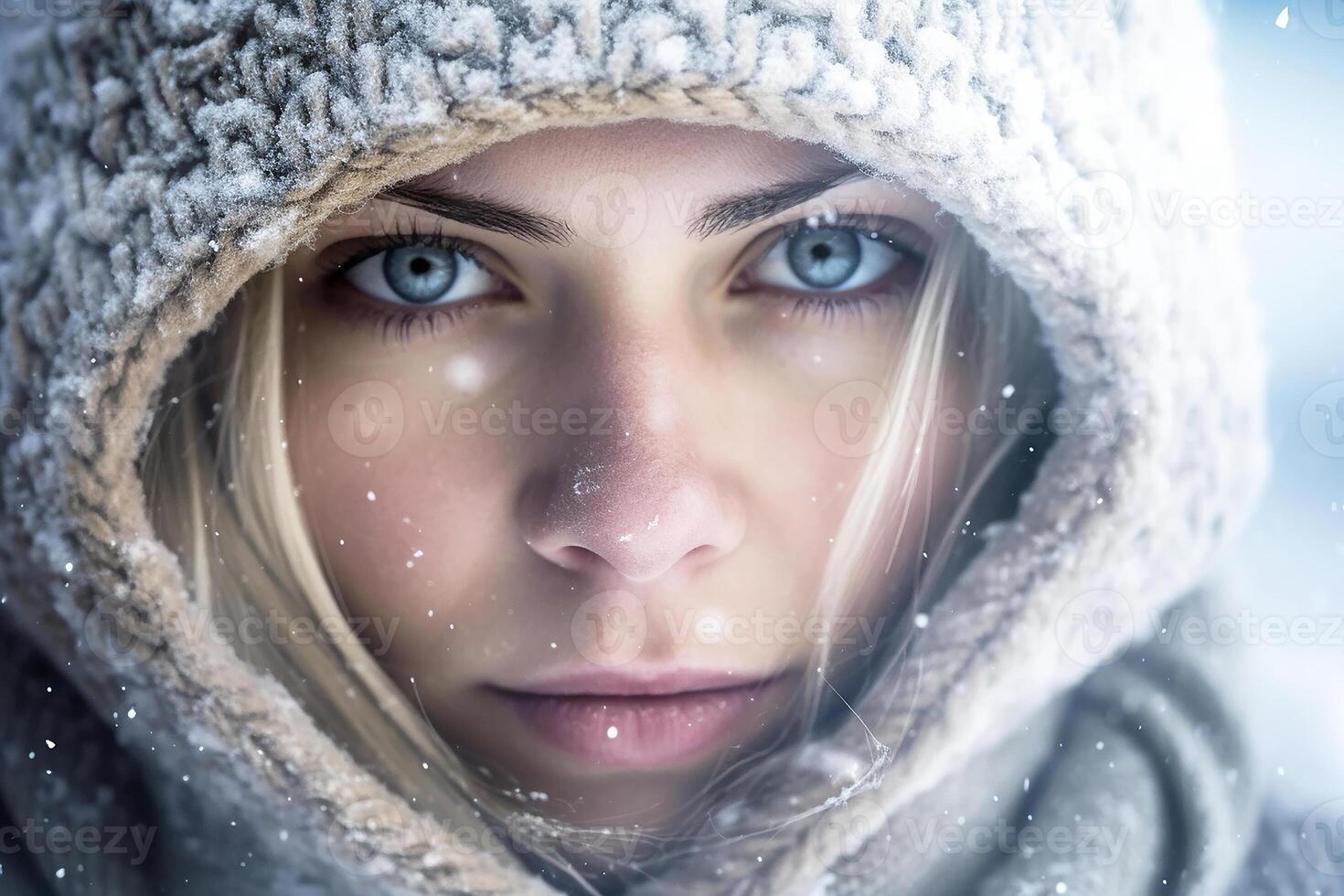 portret, blonde haren meisje met blauw ogen in een met een kap winter met sneeuw. generatief ai foto