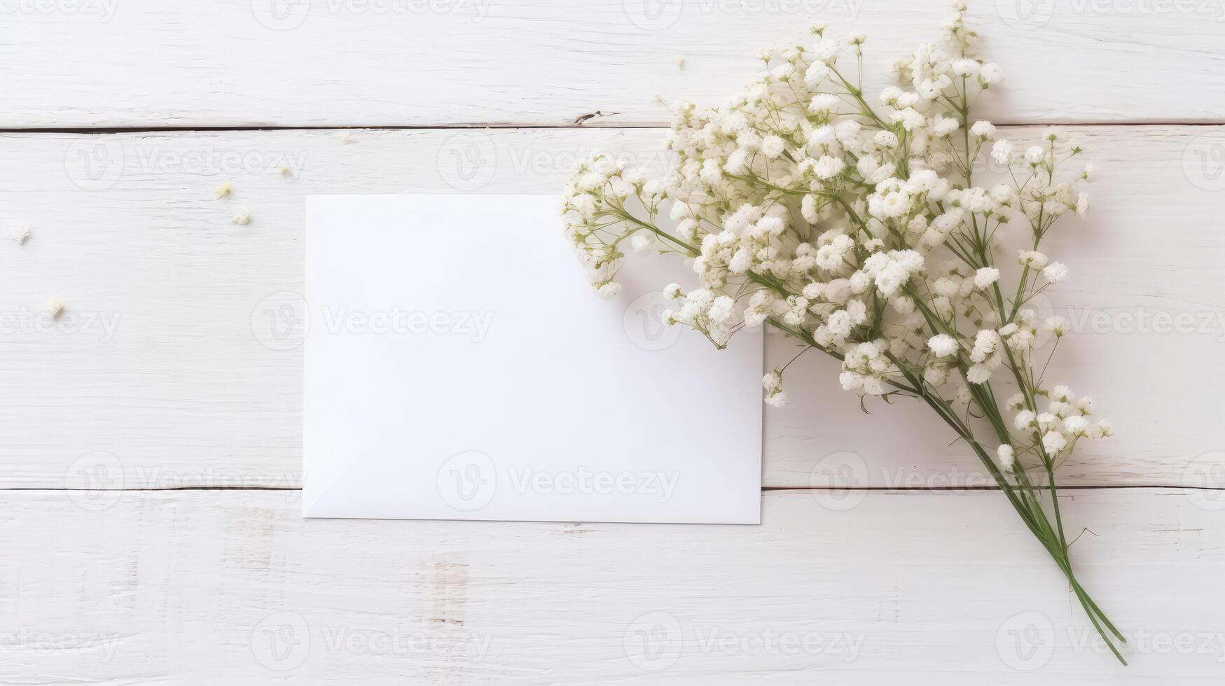 blanco wit papier kaart mockup en klein bloemen of gypsophila Afdeling Aan houten tafel bovenkant, generatief ai. foto