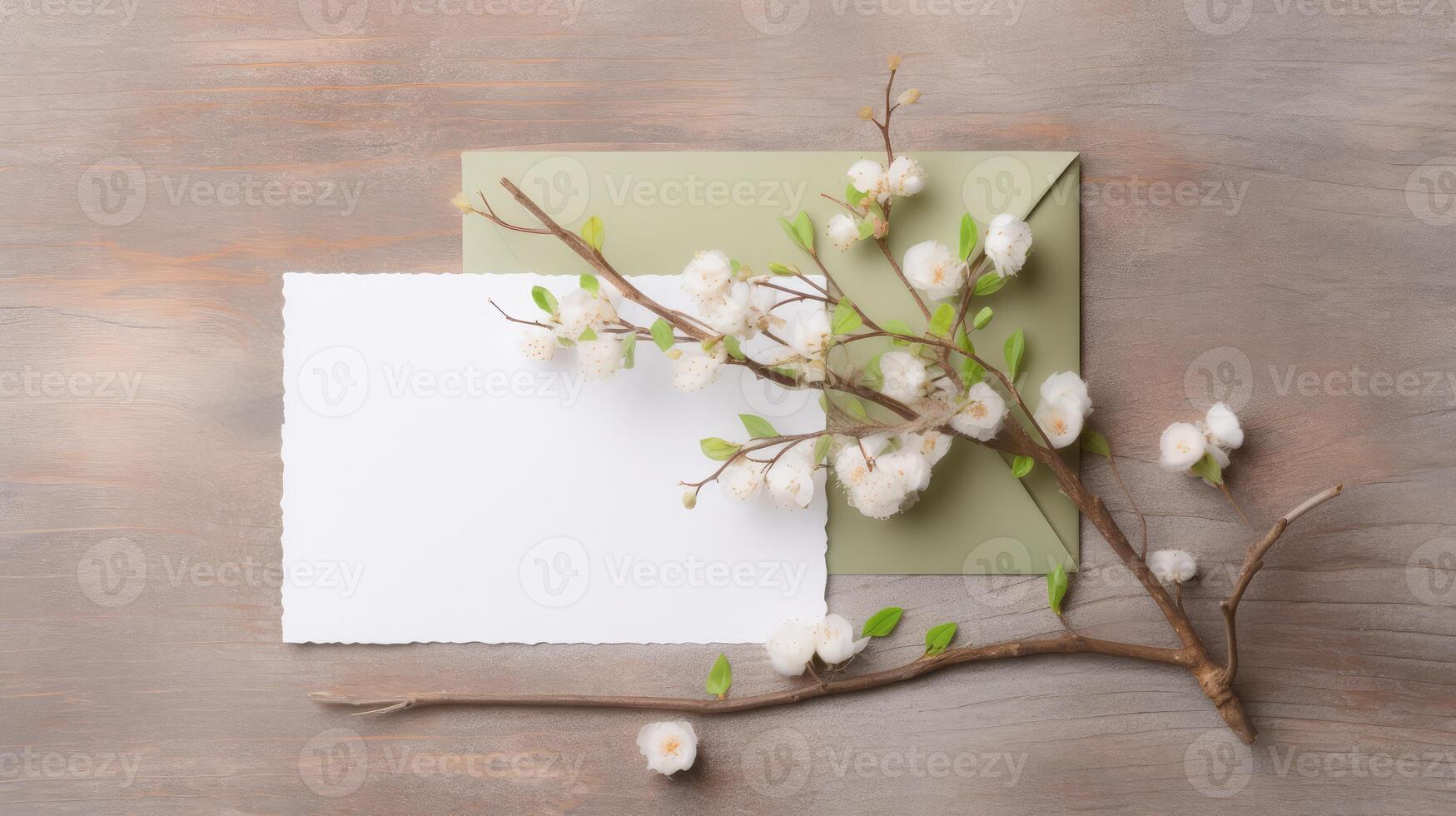 blanco wit papier kaart, envelop mockup en klein bloemen of gypsophila Afdeling Aan houten tafel bovenkant, generatief ai. foto