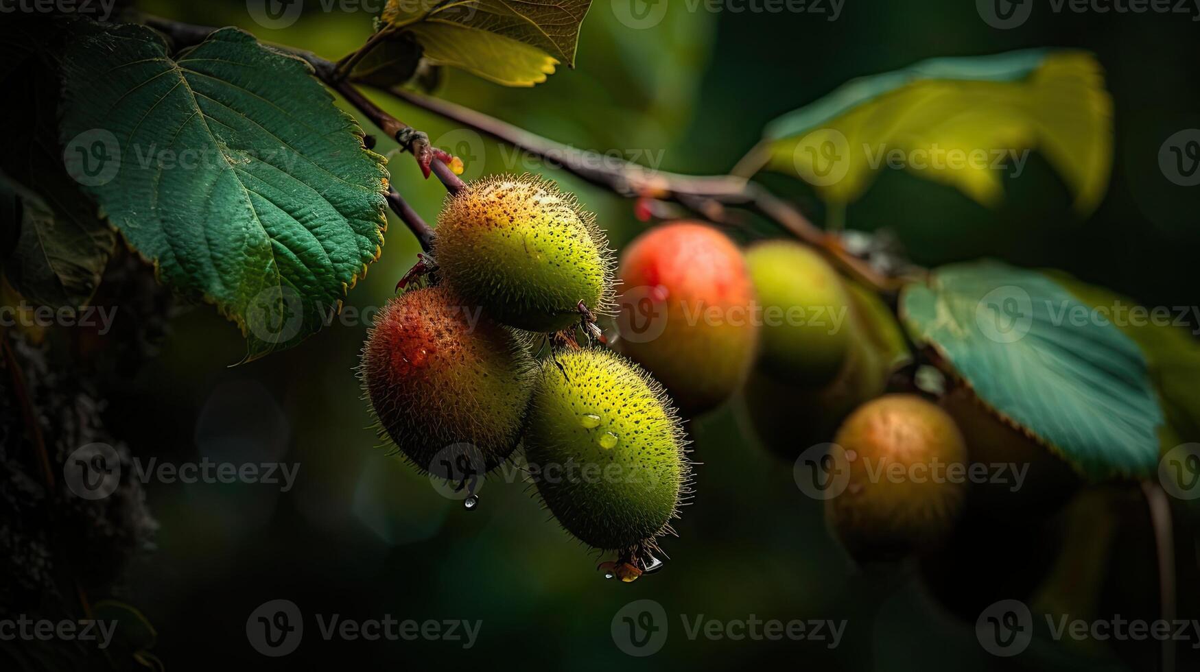 dichtbij schot van kiwi's Aan boom tak, biologisch achtergrond gemaakt door generatief ai technologie. foto