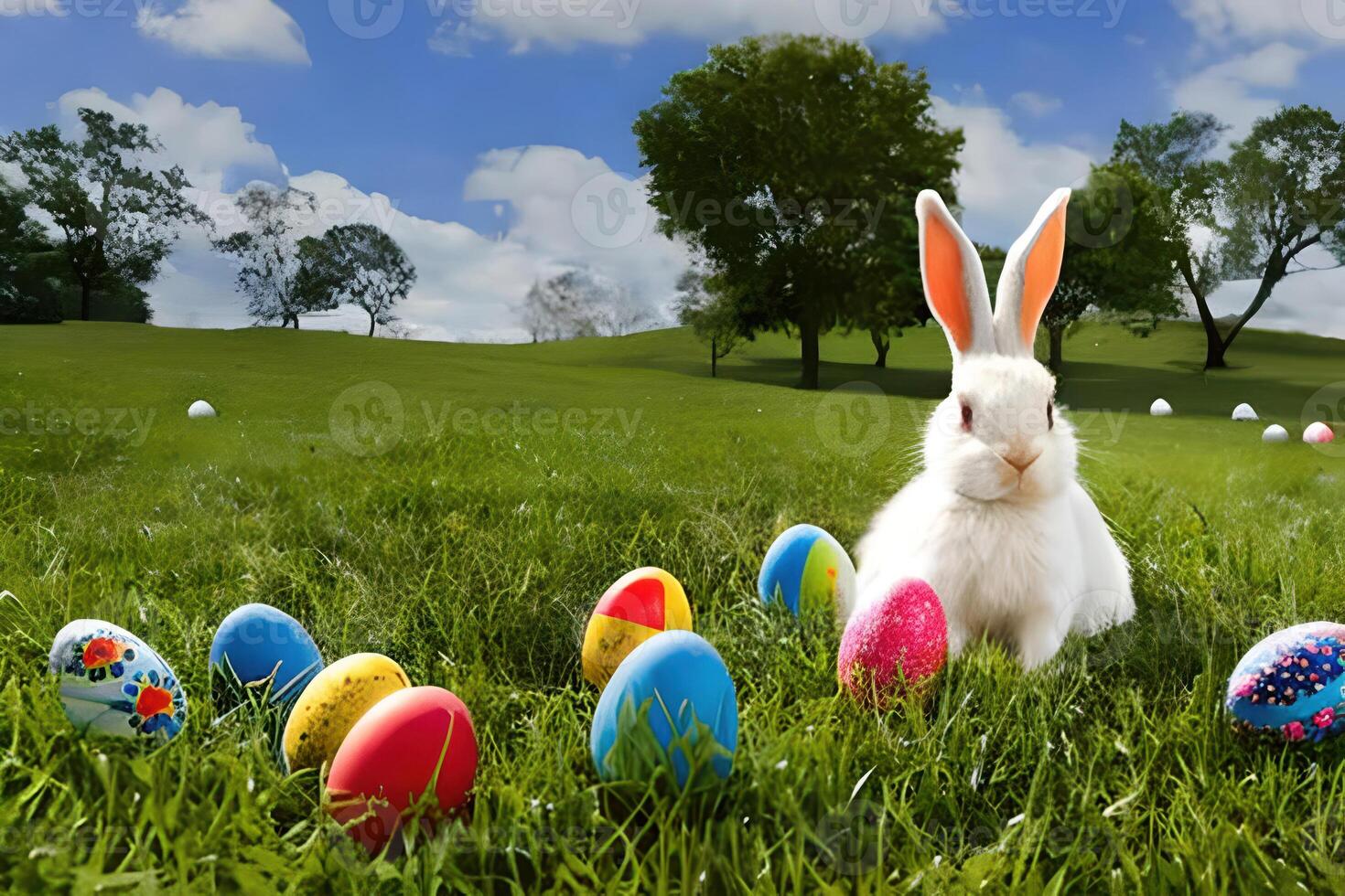 wit konijn omringd door Pasen eieren - ai gegenereerd foto