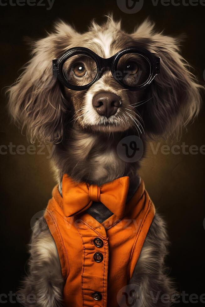 portret van aanbiddelijk spaniel hond vervelend bril en oranje boog binden, generatief ai. foto