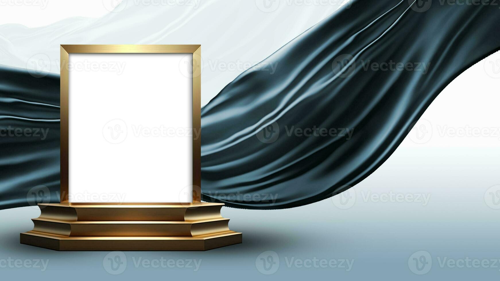 3d geven van blanco gouden kader staan of stadium mockup Aan donker blauw drijvend zijde kleding stof achtergrond. foto