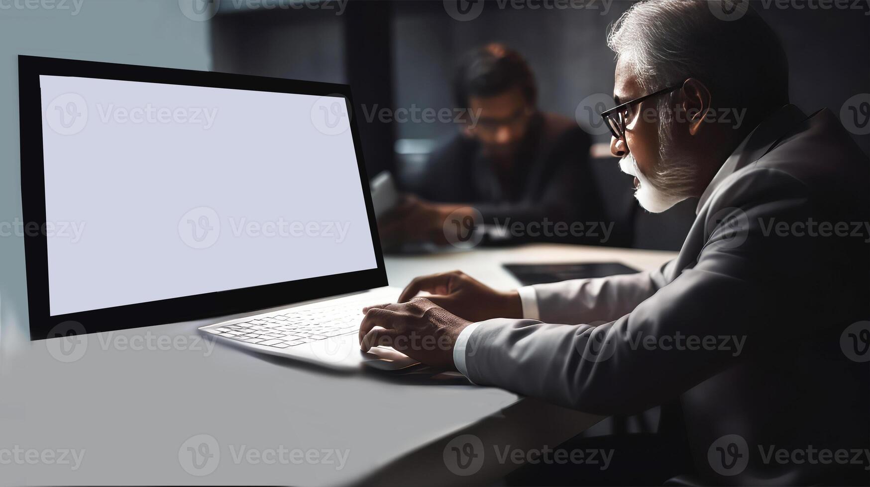 detailopname visie van senior zakenman werken met collega in een kantoor met computer en toetsenbord. generatief ai illustratie. foto