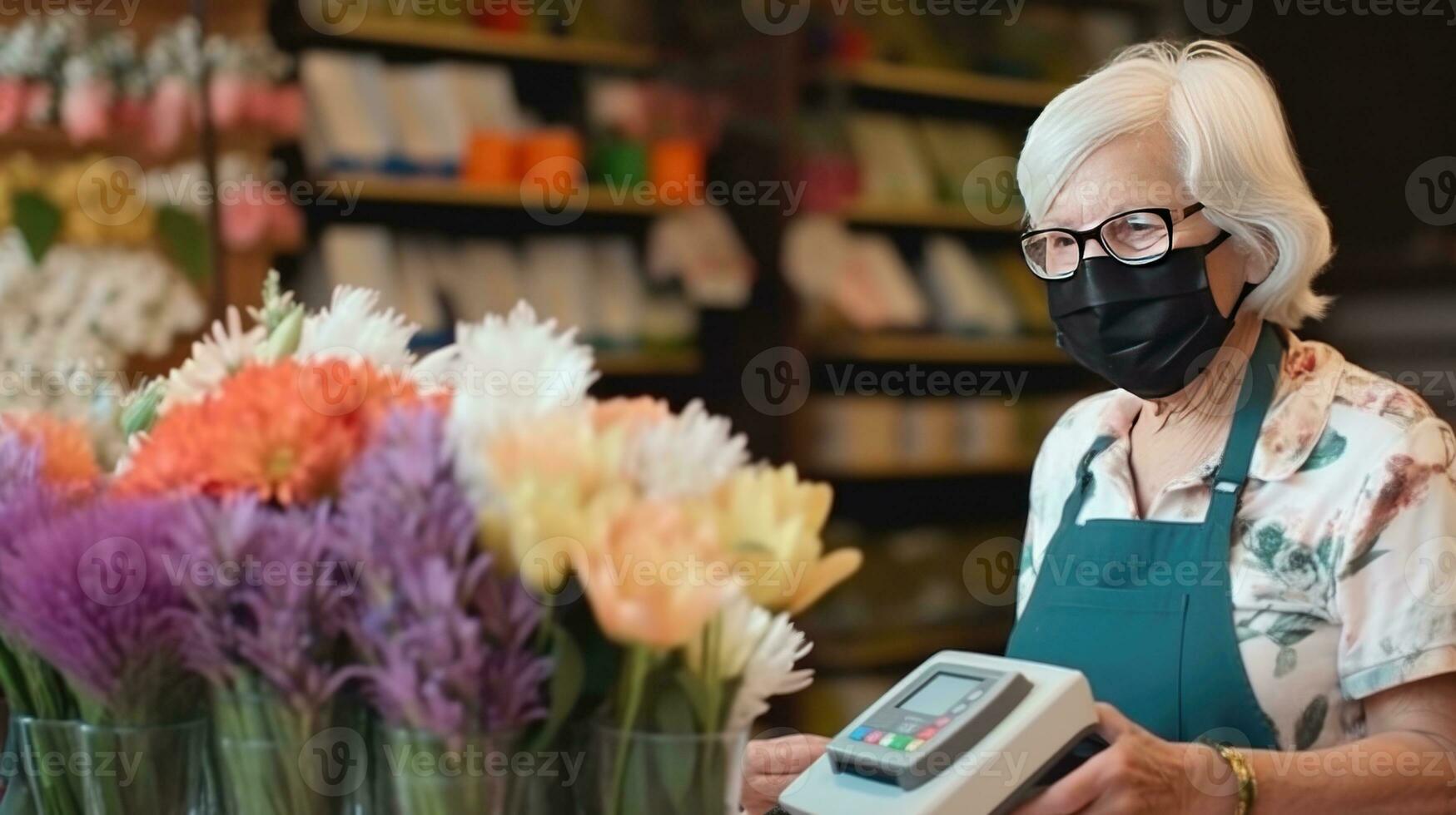 portret van ouderen Amerikaans vrouw assistent vervelend masker en Holding pos machine in bloemist winkel, generatief ai. foto