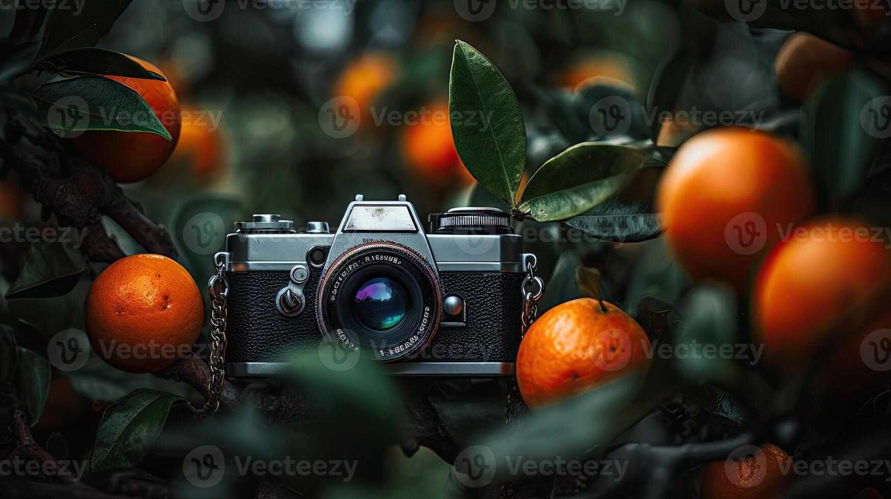 een boeiend fotograaf dat hoogtepunt uniek achtergrond van vers oranje met bladeren en digitaal camera, gemaakt door generatief ai technologie. foto