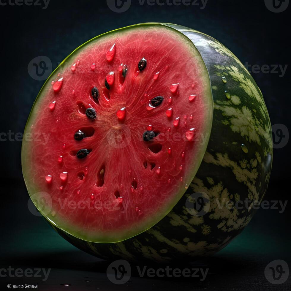 opvallend fotografie van sappig watermeloen voor de helft besnoeiing stuk Aan donker achtergrond. generatief ai. foto