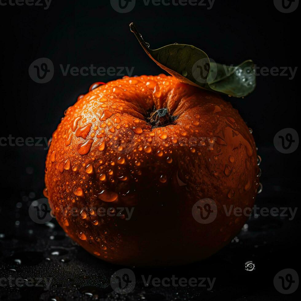 opvallend fotografie van sappig oranje met water druppels Aan donker achtergrond, generatief ai. foto