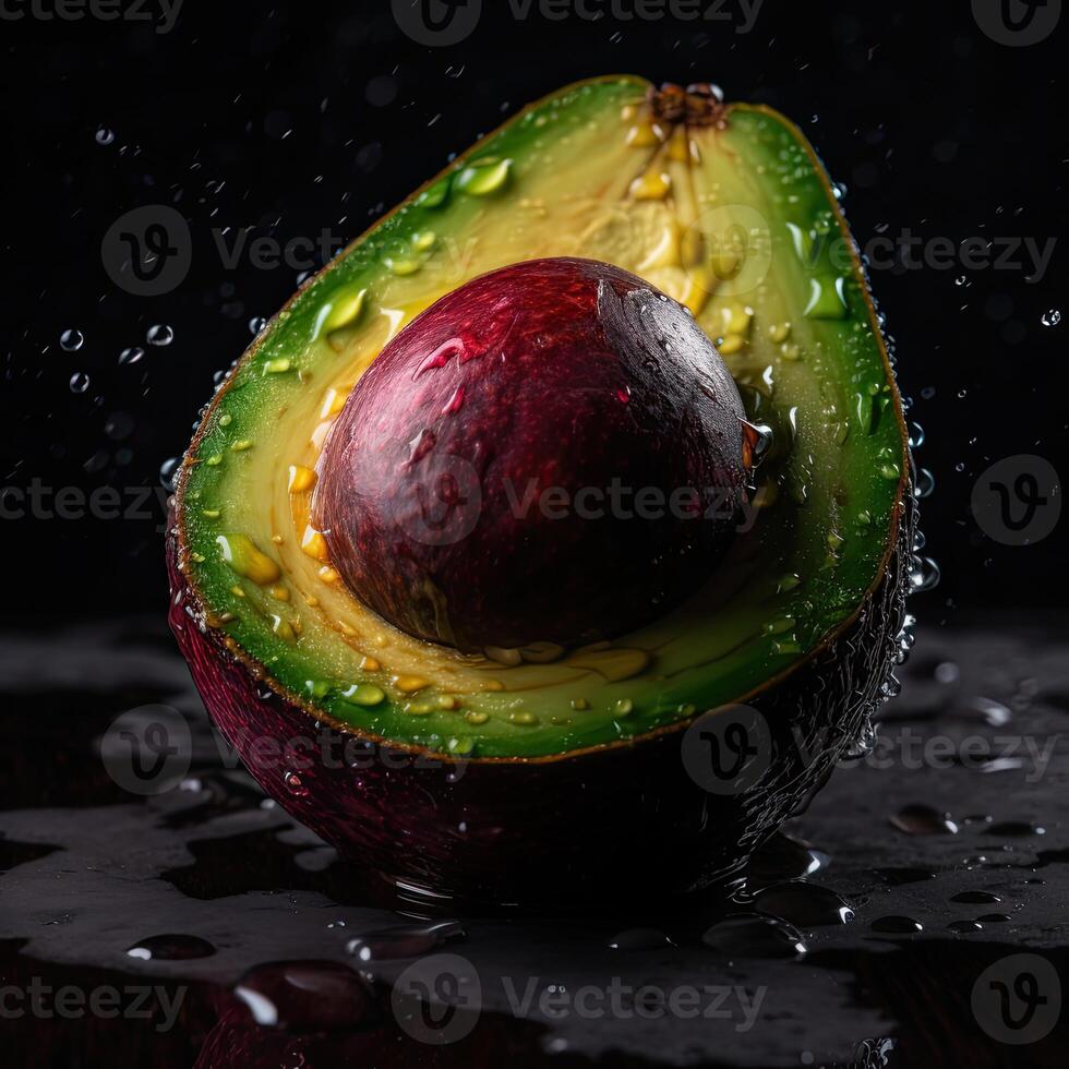 opvallend fotografie van rijp avocado versierd met water druppels Aan donker achtergrond, generatief ai. foto