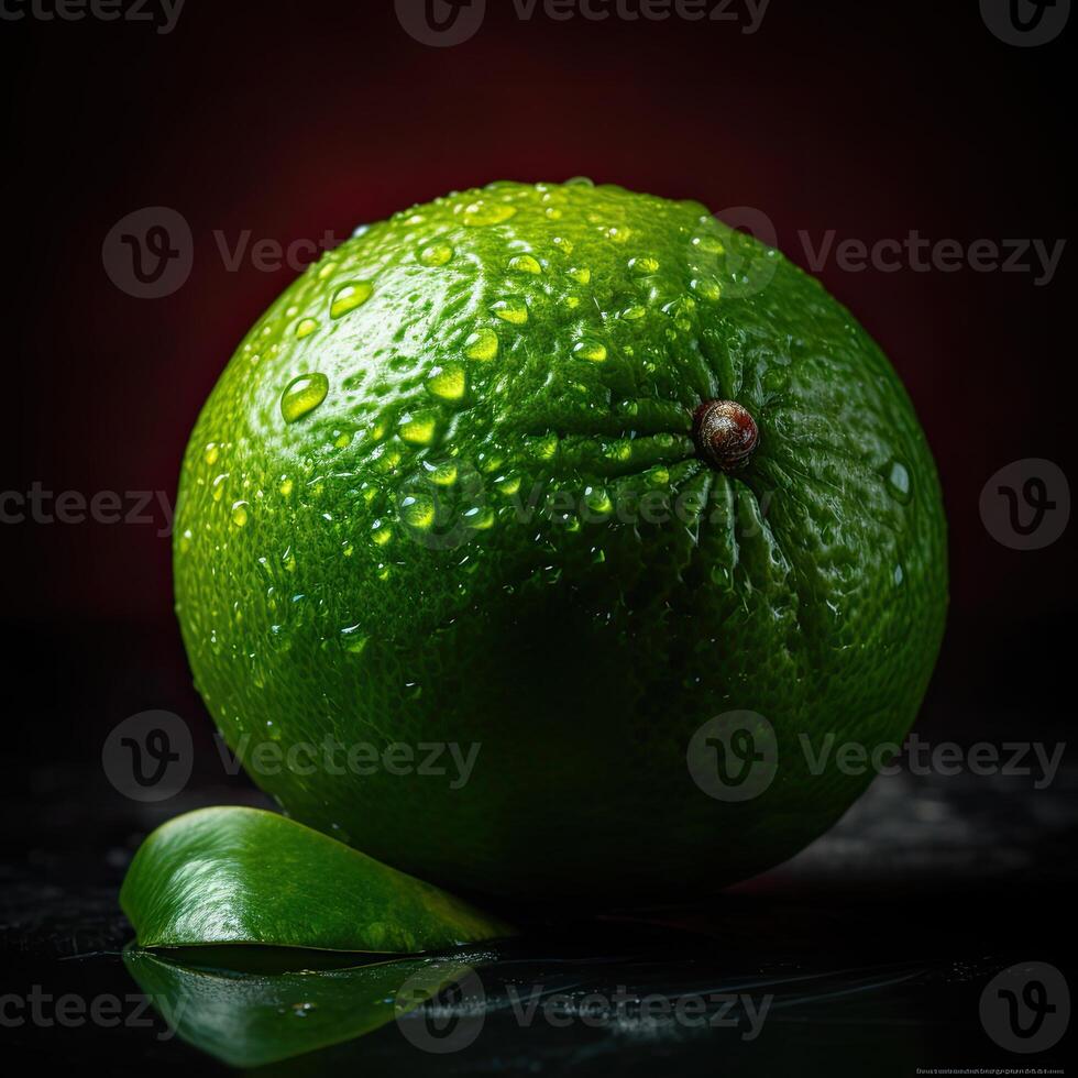 opvallend fotografie van groen citroen met water druppels Aan donker achtergrond, generatief ai. foto