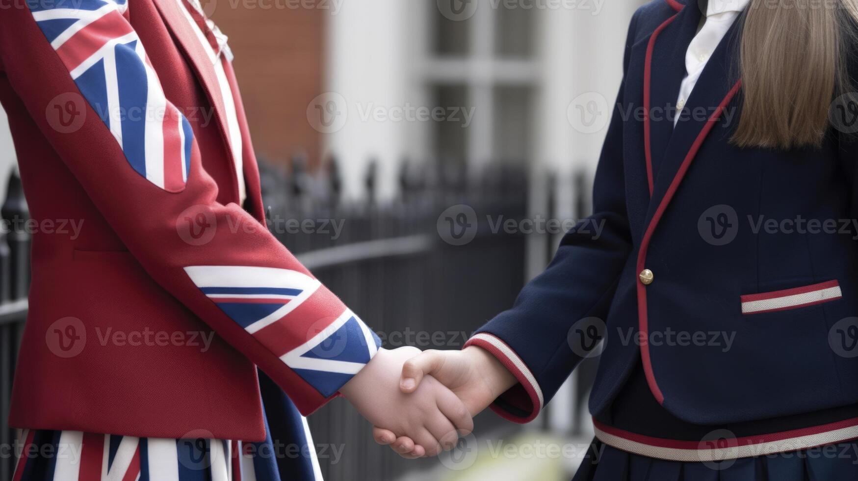 vriendelijk of gewoontjes handdruk tussen Brits Dames in hun traditioneel kleding. generatief ai. foto