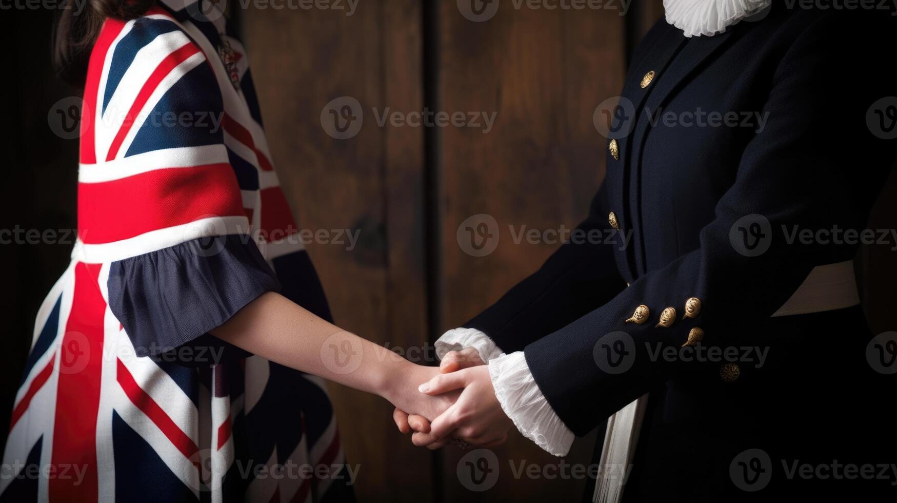 vriendelijk of gewoontjes handdruk tussen Brits Dames in hun traditioneel kleding. generatief ai. foto