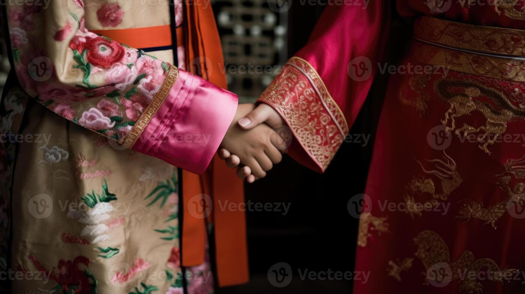 vriendelijk of gewoontjes handdruk tussen Chinese Dames in hun traditioneel kleding. generatief ai. foto