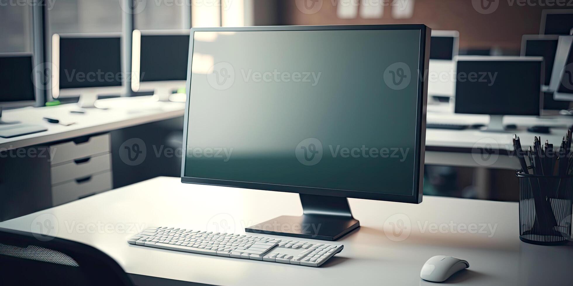 modern werkruimte met computer monitor, of bureaublad, scherm bespotten omhoog Aan houten tafel. generatief ai foto