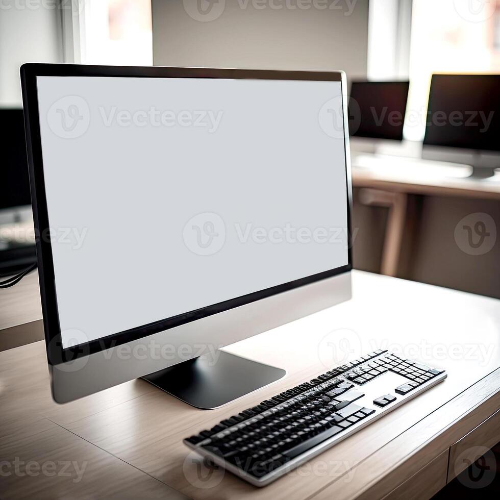 modern werkruimte met computer monitor, of bureaublad, scherm bespotten omhoog Aan houten tafel. generatief ai foto