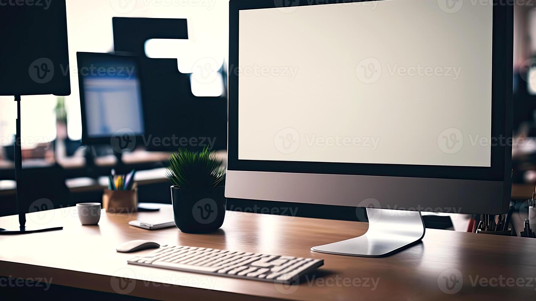 modern werkruimte met computer monitor, of bureaublad, scherm bespotten omhoog Aan houten tafel. generatief ai foto