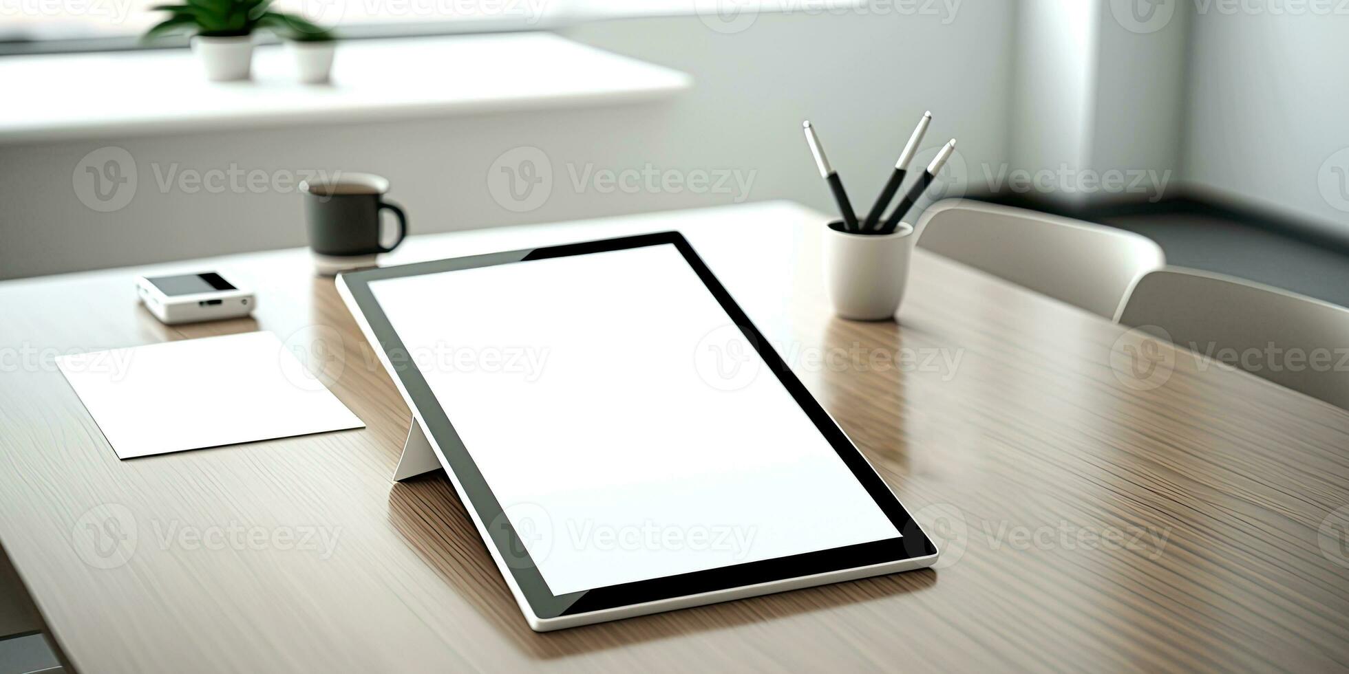 modern werkplaats interieur met tablet toetsenbord, ingemaakt fabriek en decor Aan wit houten tafel. generatief ai illustratie. foto
