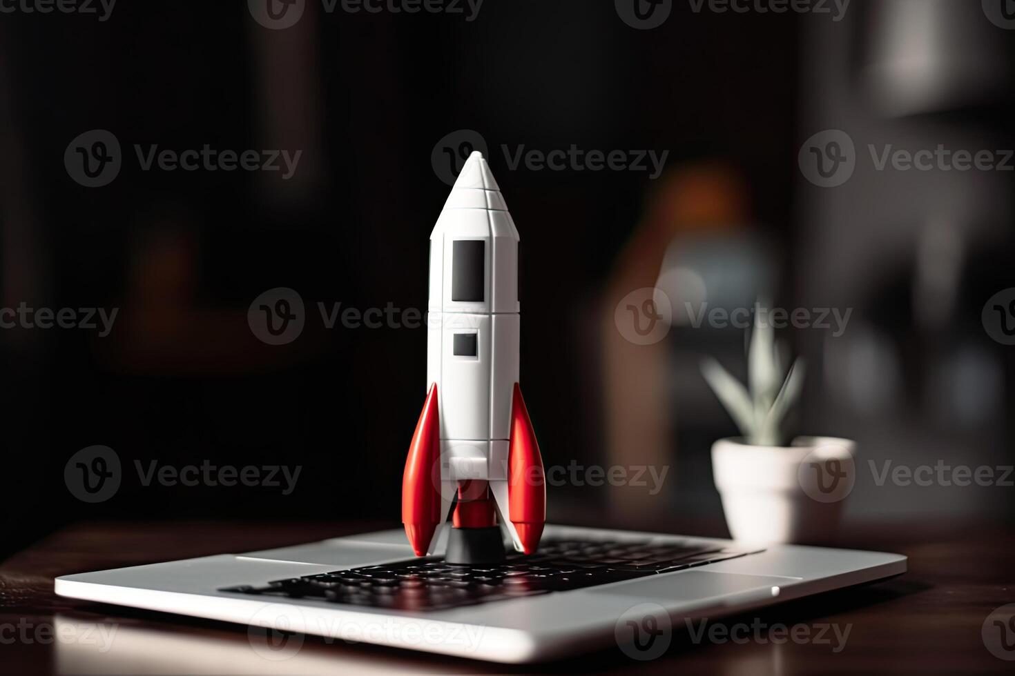 ruimte shuttle Aan de tafel, lancering ruimte raket van kantoor, generatief ai. foto