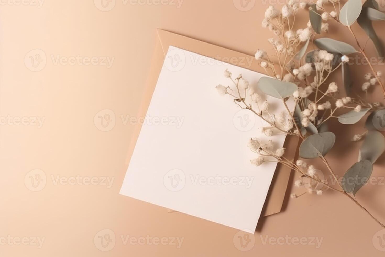 top visie van luxe glimmend beige bruiloft kaart, doos mockup Aan gey achtergrond. generatief ai illustratie. foto