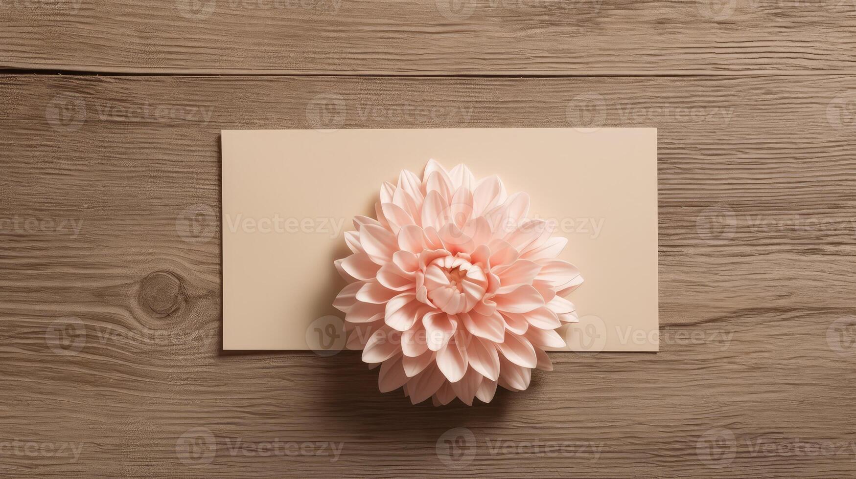 top visie van mooi dahlia bloem Bij rechthoek papier kaart mockup Aan houten tafel, generatief ai. foto