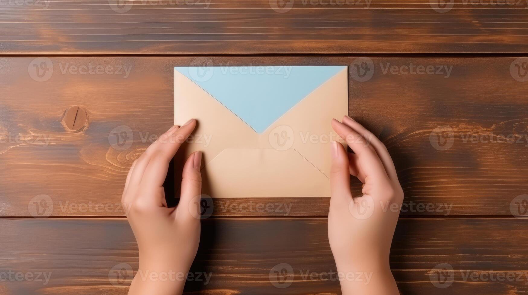 top visie foto van vrouw Holding een envelop model, generatief ai.