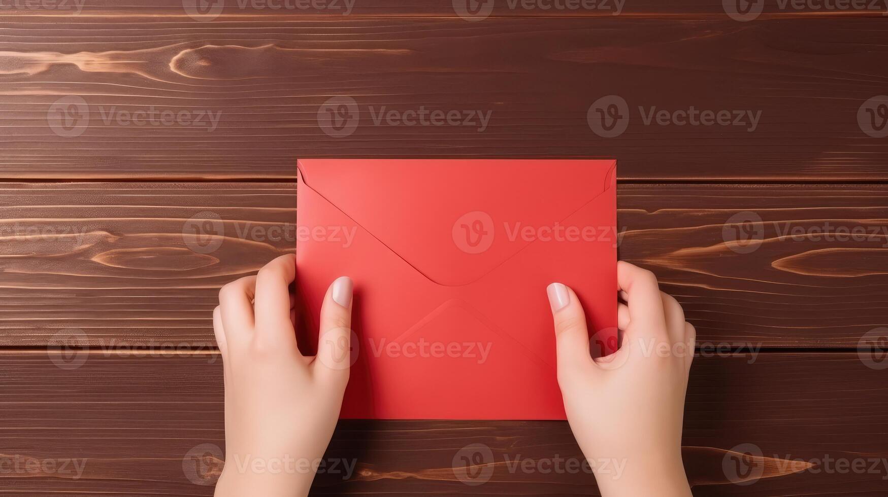 top visie foto van vrouw Holding een rood envelop mockup Aan houten tafel. generatief ai.