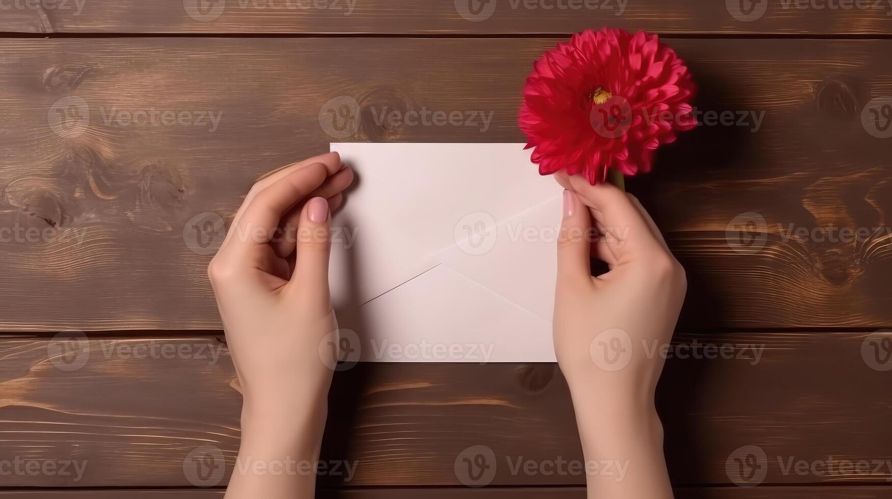 top visie foto van vrouw Holding een rood dahlia bloem en envelop model, generatief ai.