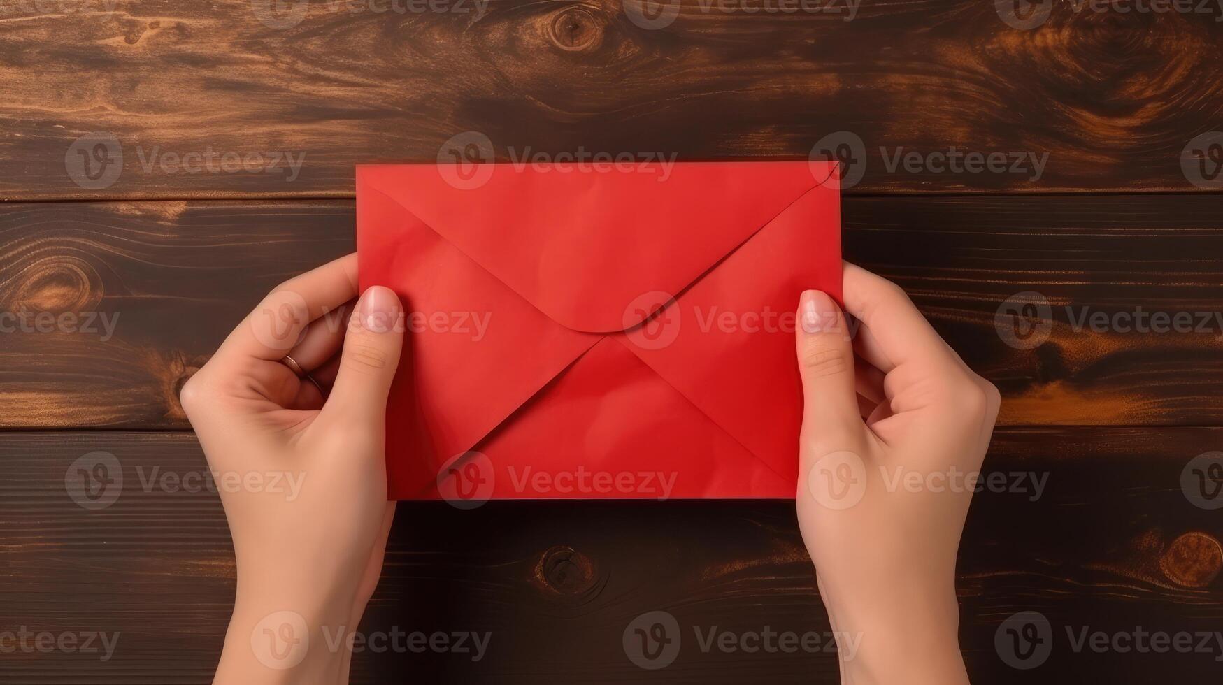 top visie foto van vrouw Holding een rood envelop mockup Aan houten tafel. generatief ai.