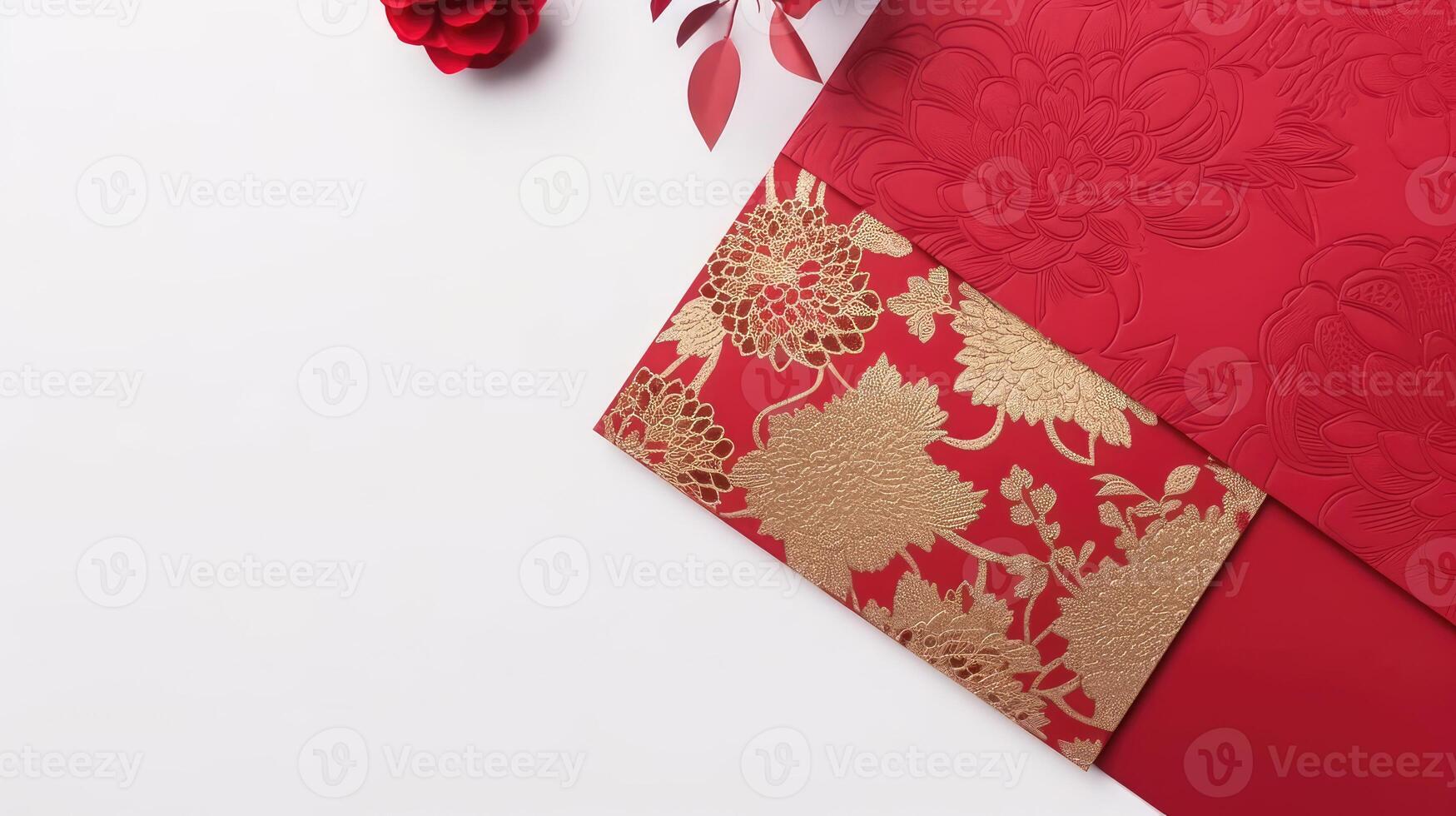 top visie van gouden en rood luxe uitnodiging kaart voor bruiloft concept. generatief ai. foto