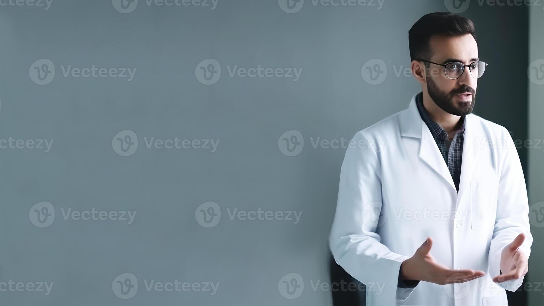 portret van professioneel mannetje dokter staand Aan grijs achtergrond en kopiëren ruimte, generatief ai. foto
