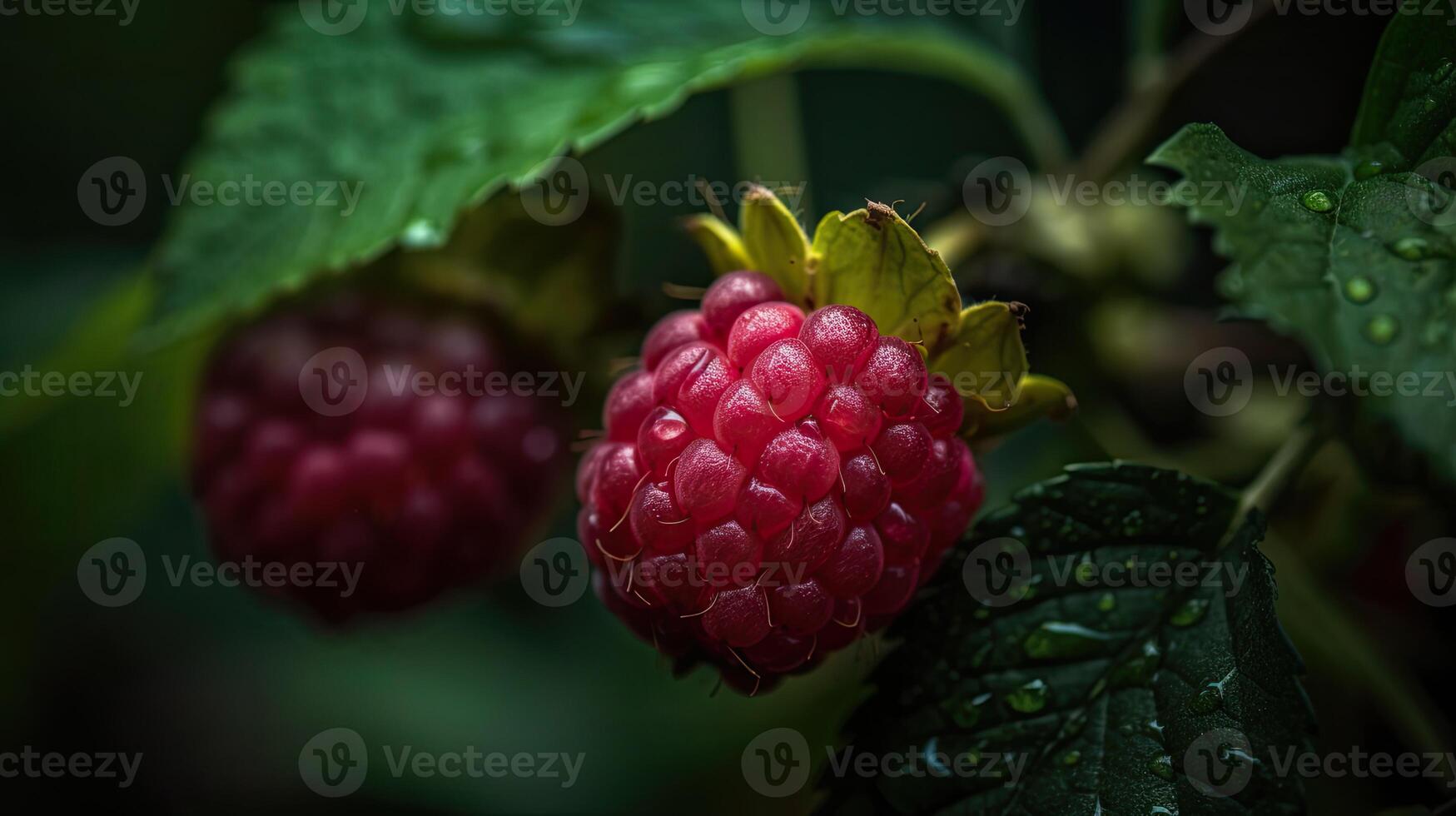 sappig vers frambozen met groen bladeren en druppels van water, boeiend fotograaf markeren uniek achtergrond. generatief ai. foto