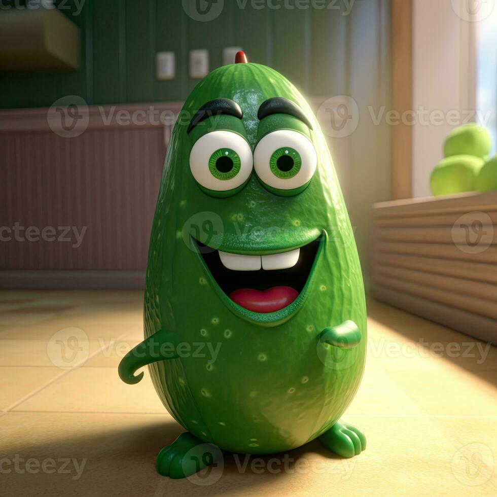 pixar stijl giechelen komkommer 3d karakter Bij glimmend keuken kamer . digitaal illustratie. foto