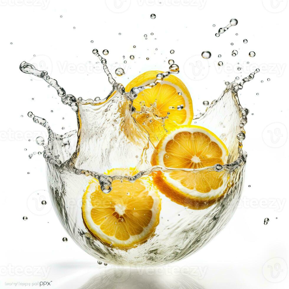 plakjes van citroen spatten in midden lucht water tegen wit achtergrond, voedsel levitatie, generatief ai. foto