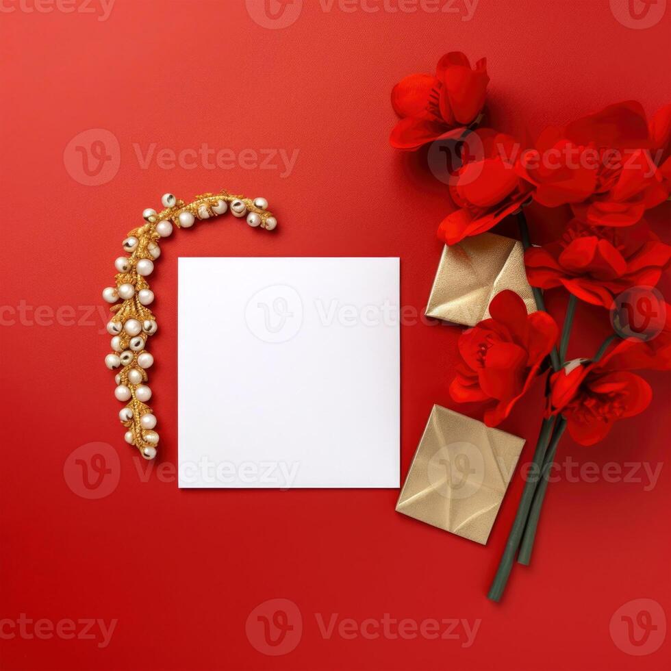 top visie van wit en gouden blanco kaart mockup met mooi bloesem, sieraden Aan rood achtergrond. generatief ai. foto