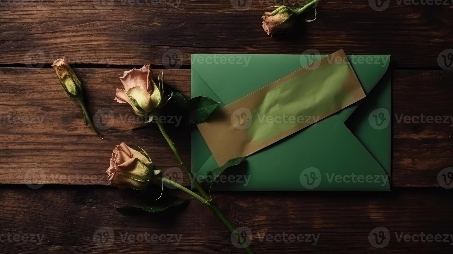 groen envelop mockup en rustiek roos bloemen Aan houten structuur tafel top. generatief ai. foto