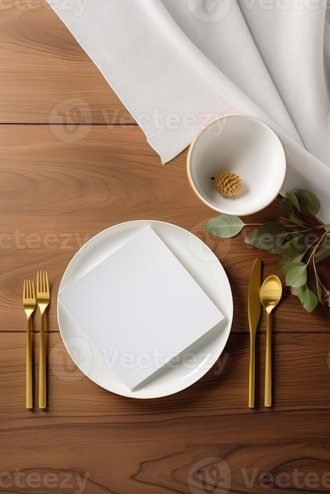 top visie van dining tafel met blanco wit kaart, groen bladeren en wit zijde Aan bruin houten achtergrond. partij of bruiloft verticaal sjabloon ontwerp. generatief ai. foto