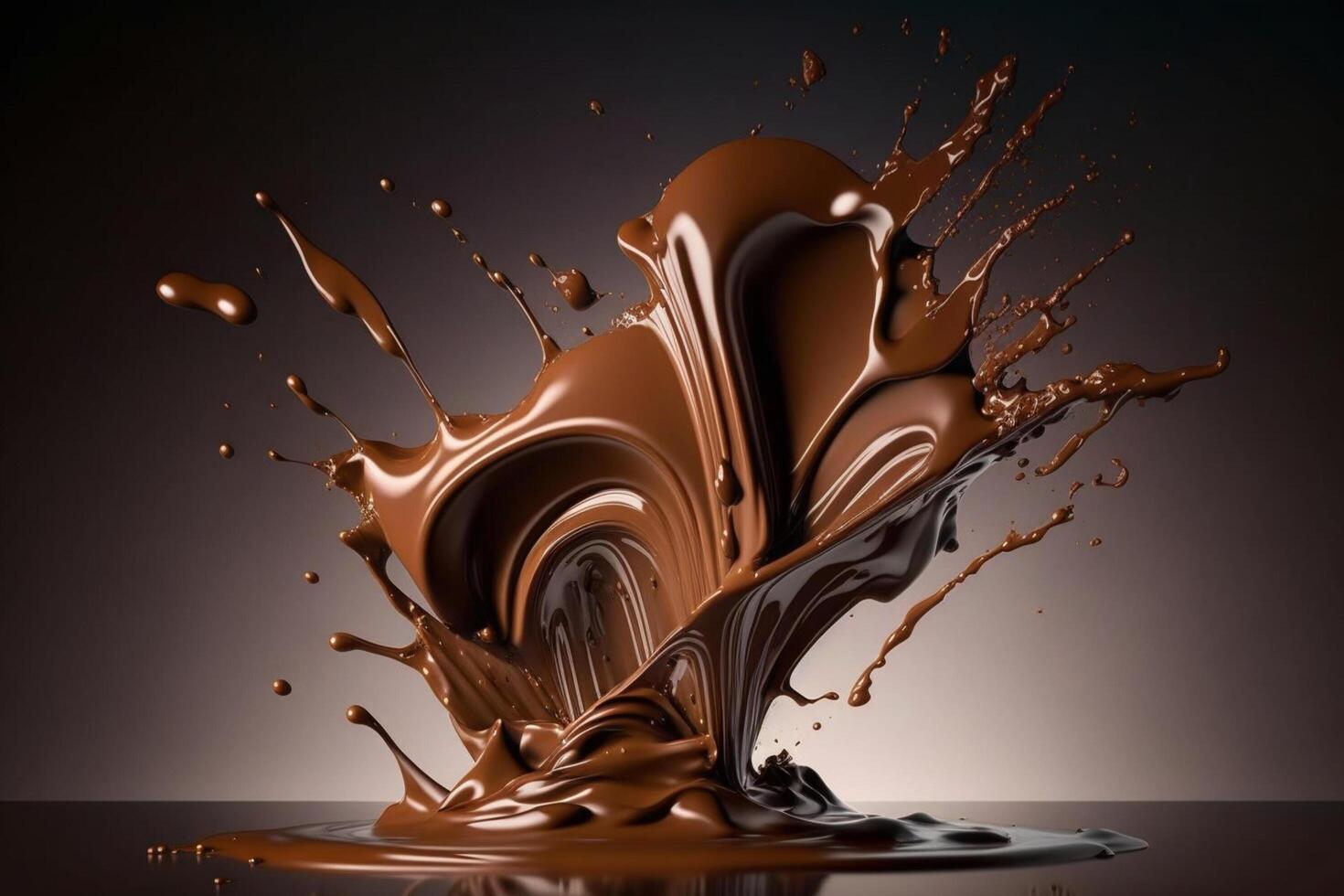 een heerlijk smelten chocola plons in een realistisch stijl. heet chocola, cacao of koffie plons. smakelijk chocola vloeistof plons. chocola saus kroon plons. voor chocola dag toetje door ai gegenereerd foto