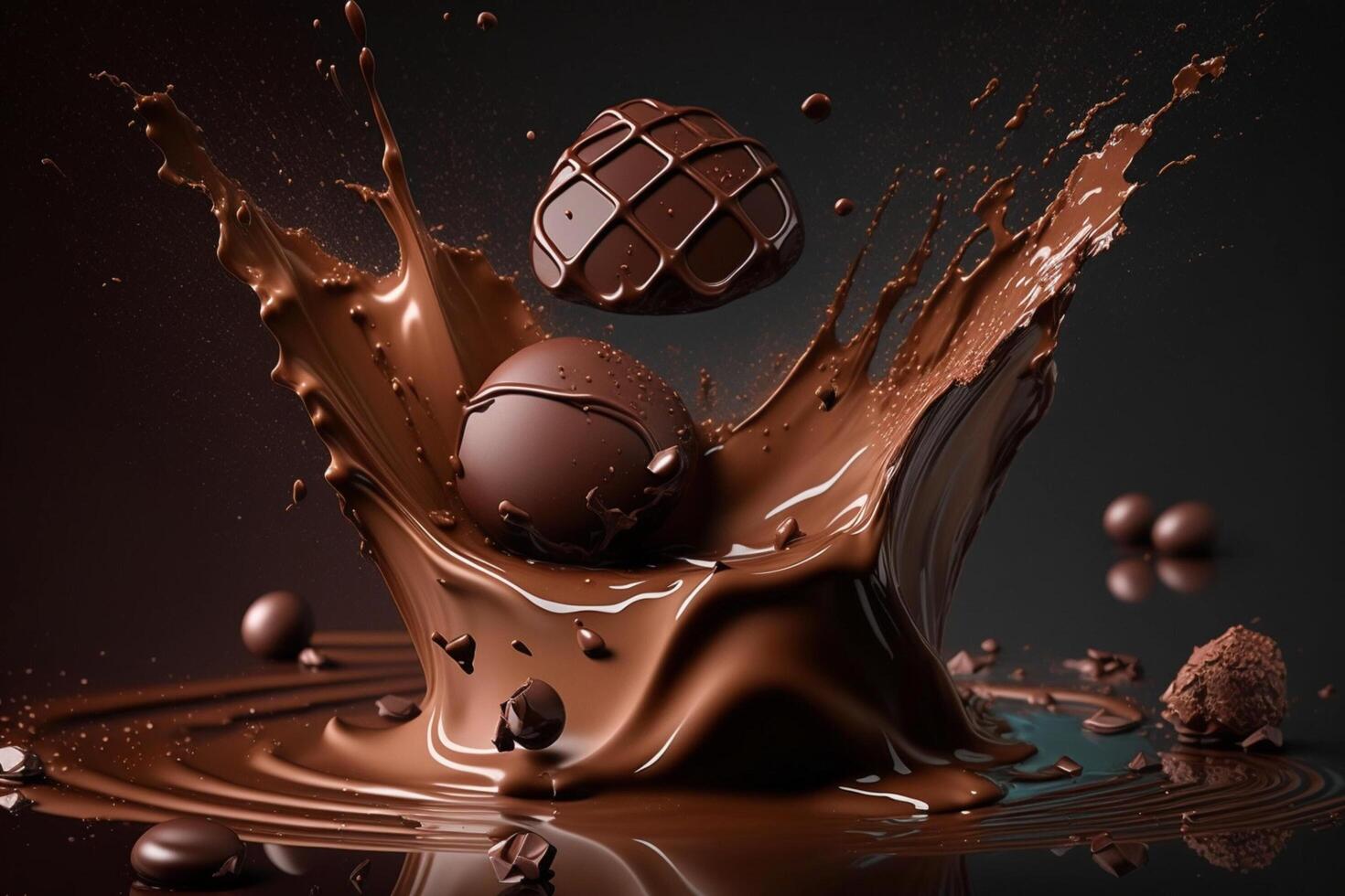 een heerlijk smelten chocola plons in een realistisch stijl. heet chocola, cacao of koffie plons. smakelijk chocola vloeistof plons. chocola saus kroon plons. voor chocola dag toetje door ai gegenereerd foto