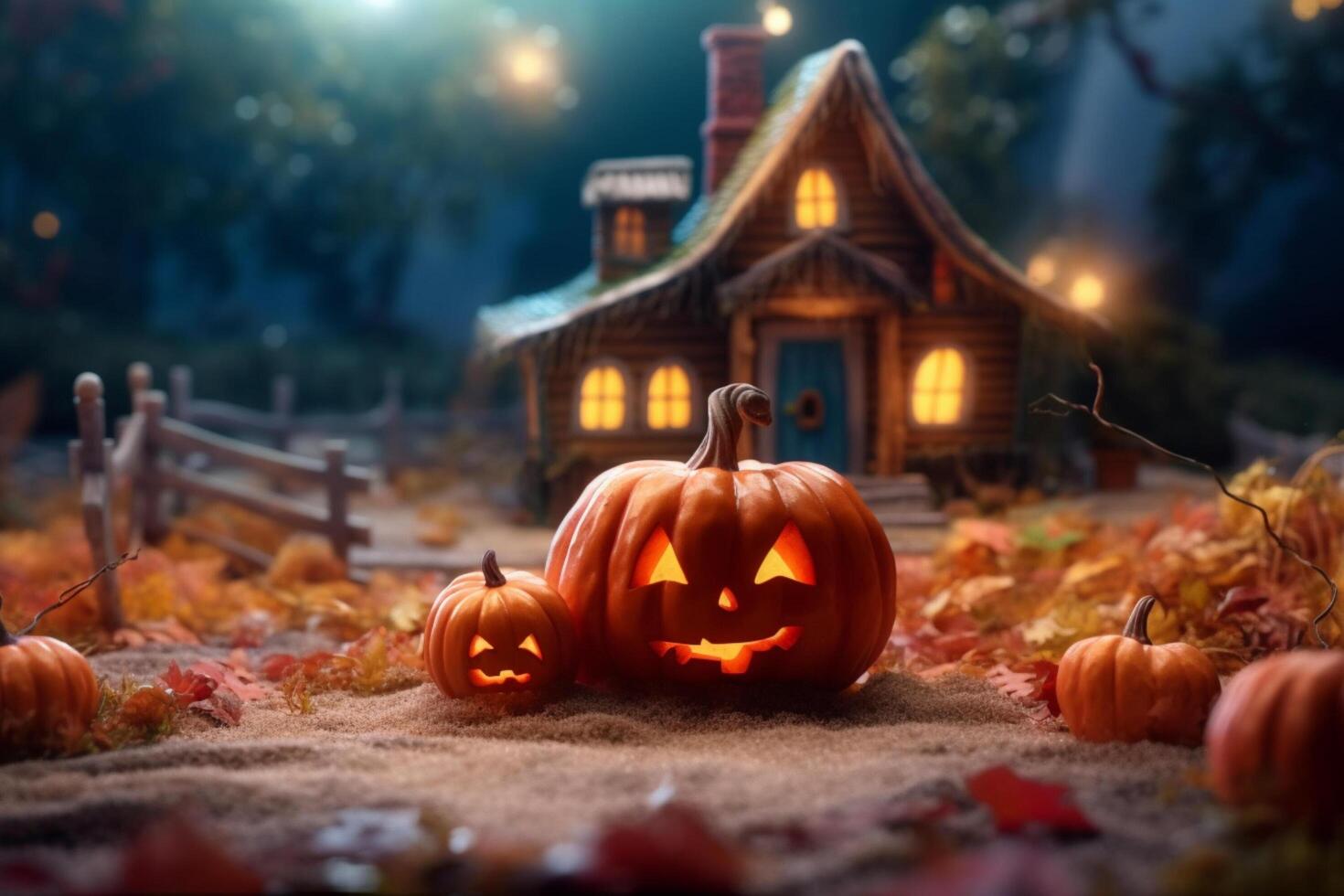 eng pompoen en huis in nacht van vol maan Aan halloween viering concept. spookachtig halloween achtergrond met pompoen. vuil huis en pompoen Aan halloween viering concept door ai gegenereerd foto