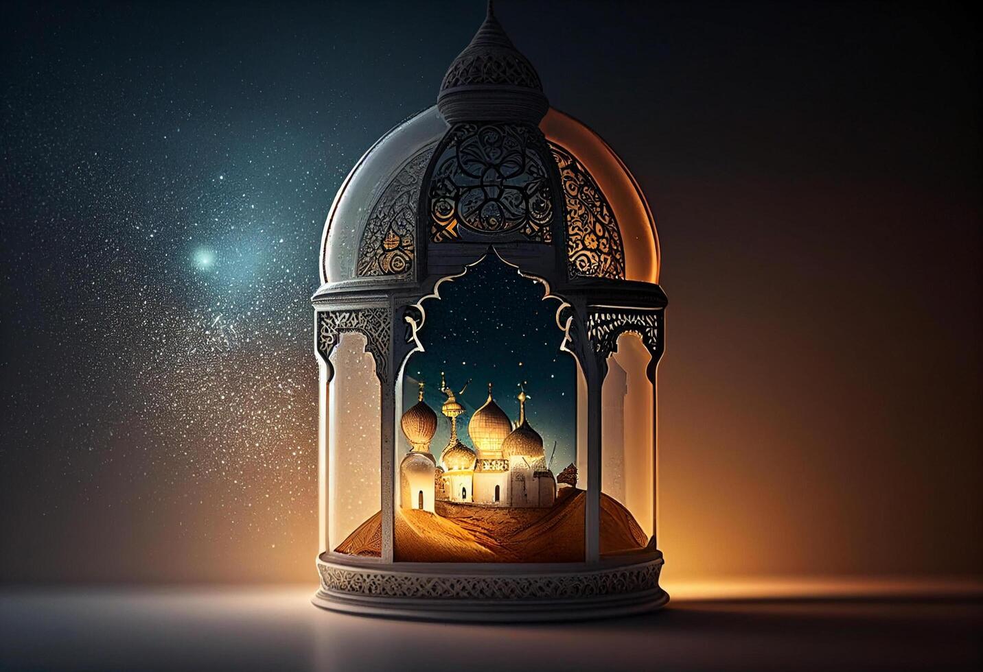 een ramen beeldt af een Islamitisch moskee Bij nacht met maan en lenten. in stijl van Islamitisch stad. gebogen deuropeningen. eid al fitr achtergrond van venster. Ramadan Islamitisch lantaarn Aan een tafel door ai gegenereerd foto