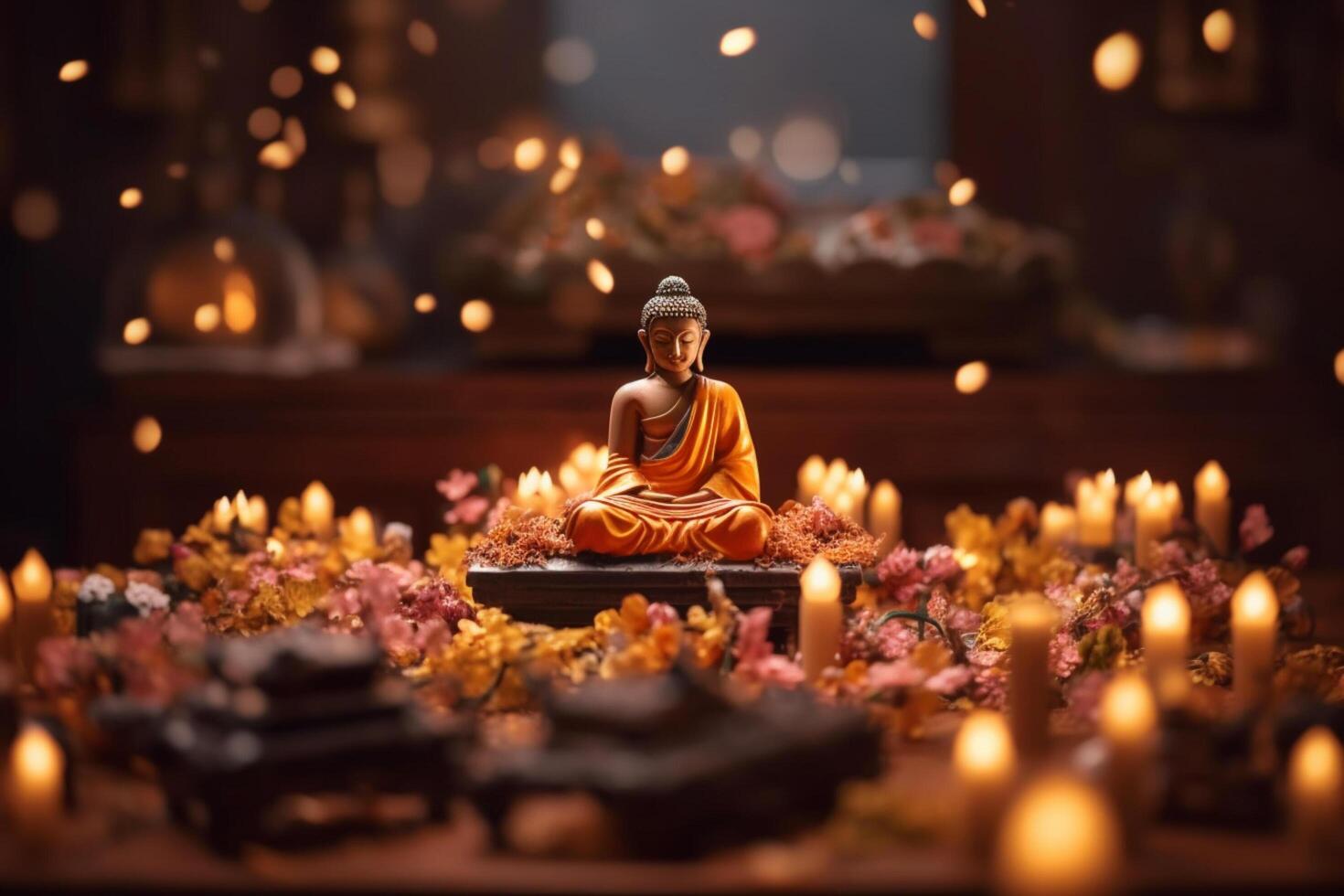 een Boeddha zit in een tuin met een lotus en kaarsen. achtergrond voor vesak festival viering. vesak dag concept. vesak viering dag groeten door ai gegenereerd foto