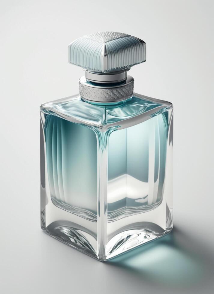 een hoog klasse fles van glas parfum met licht blauw vloeistof. aromatisch parfum flessen Aan wit achtergrond. schoonheid Product, kunstmatig, parfum dag, geur dag of parfum lancering evenement door ai gegenereerd foto